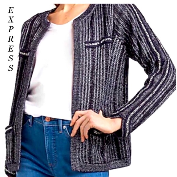 EXPRESS Metallic Trim tweed Sweater collarless blazer/Jacket Navy sizeS NWT - Picture 5 of 5